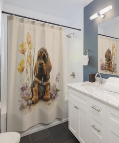 Floral Watercolor Bloodhound Shower Curtain for Cute Bathroom Decor