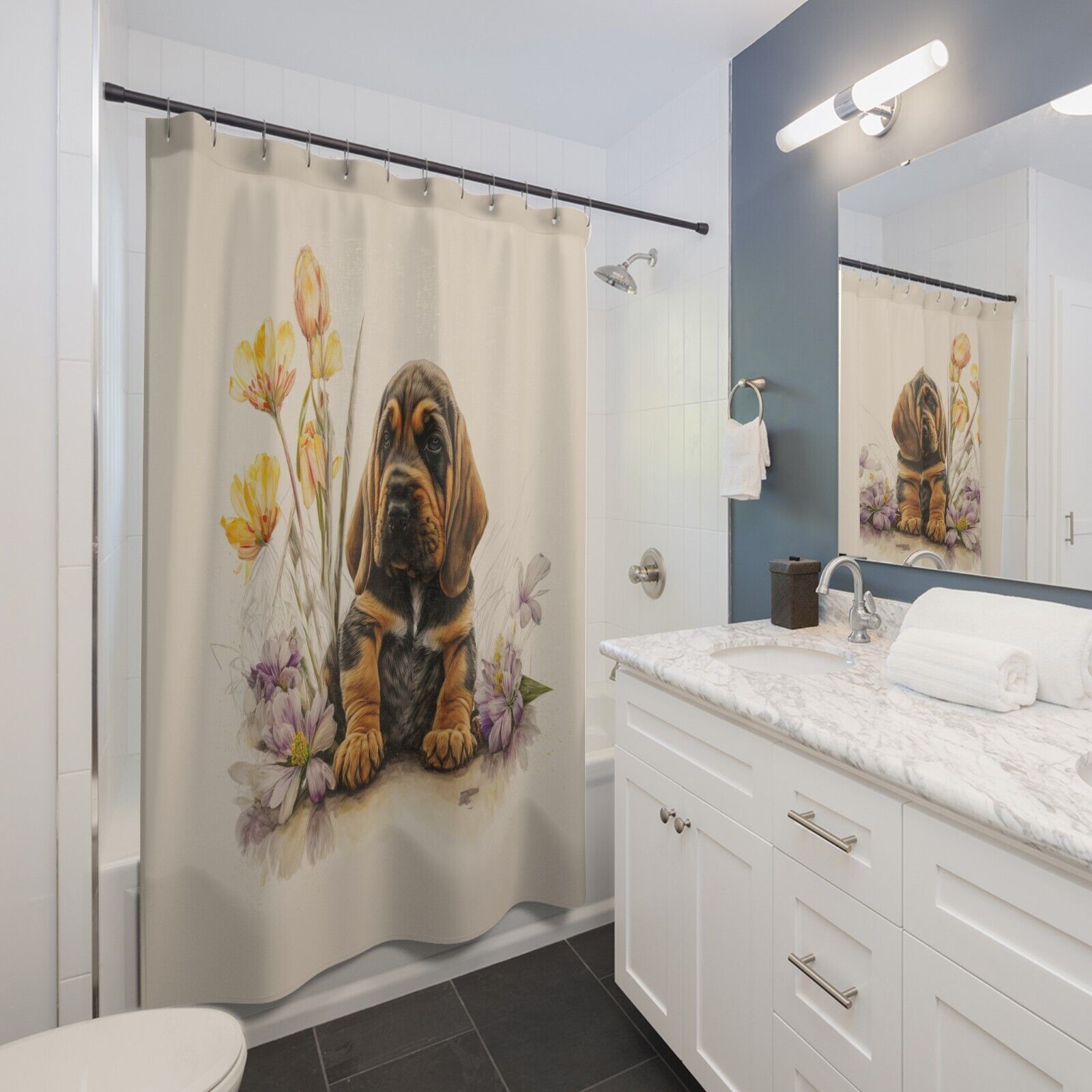 Floral Watercolor Bloodhound Shower Curtain for Cute Bathroom Decor