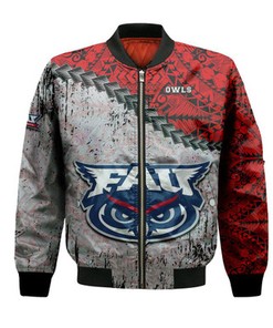 Florida Atlantic Owls Bomber Jacket Grunge Polynesian Tattoo- NCAA