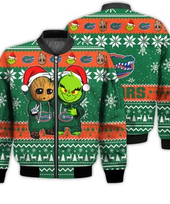 Florida Gators Baby Groot And Grinch Best Friends Football American Ugly Christmas Sweater Gifts Unisex 3D Bomber Jacket