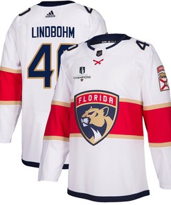 Florida Panthers Petteri Lindbohm 40 Away 2023 Stanley Cup Champions Breakaway Men Jersey - White
