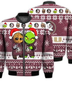 Florida State Seminoles Baby Groot And Grinch Best Friends Football American Ugly Christmas Sweater Gifts Unisex 3D Bomber Jacket