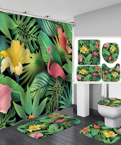 Flower Palm Leaves Flamingo Shower Curtain - Art for Tropical Bathroom Decor