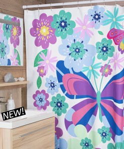 Flower and Butterfly Boho Shower Curtain, Bohemian Bath Curtain, Cute Bathroom Decor