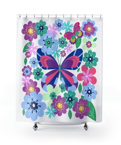 Flower and Butterfly Boho Shower Curtain, Bohemian Bath Curtain, Cute Bathroom Decor