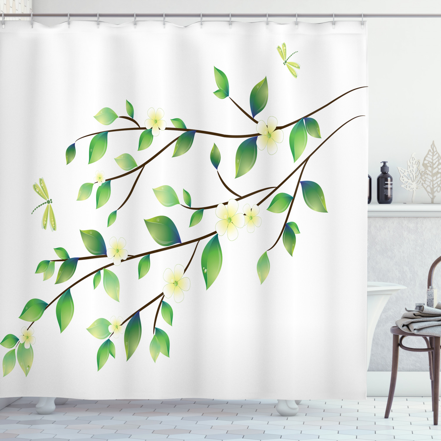 Flower and Dragonflies Shower Curtain for Bathroom - Animal Print