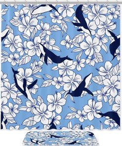 Flower and Whale Waterproof Shower Curtain for Nature Bathroom Decor