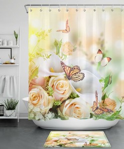 Flowers Butterfly Shower Curtain with Spring Sunshine for a Nature-Inspired Bathroom Decor