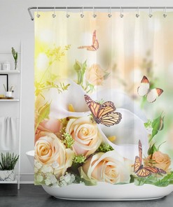 Flowers Butterfly Shower Curtain with Spring Sunshine for a Nature-Inspired Bathroom Decor
