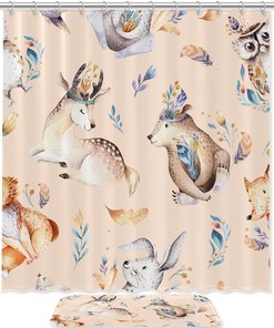 Forest Animals Shower Curtain with Boho Fox, Deer, Rabbit, and Bear - Waterproof Bath Curtain for Bathrooms