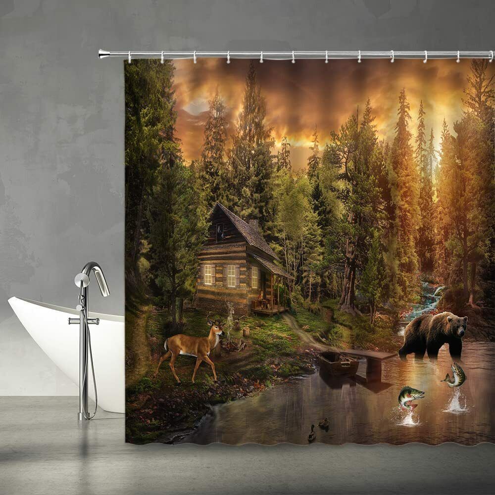 Forest Bear Deer River Wild Animal Bathroom Shower Curtain for a Cozy and Natural Bathroom