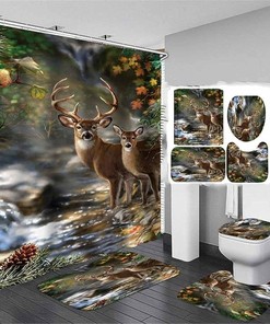 Forest Creek Deer Christmas Elk Shower Curtain for Rustic Bathrooms