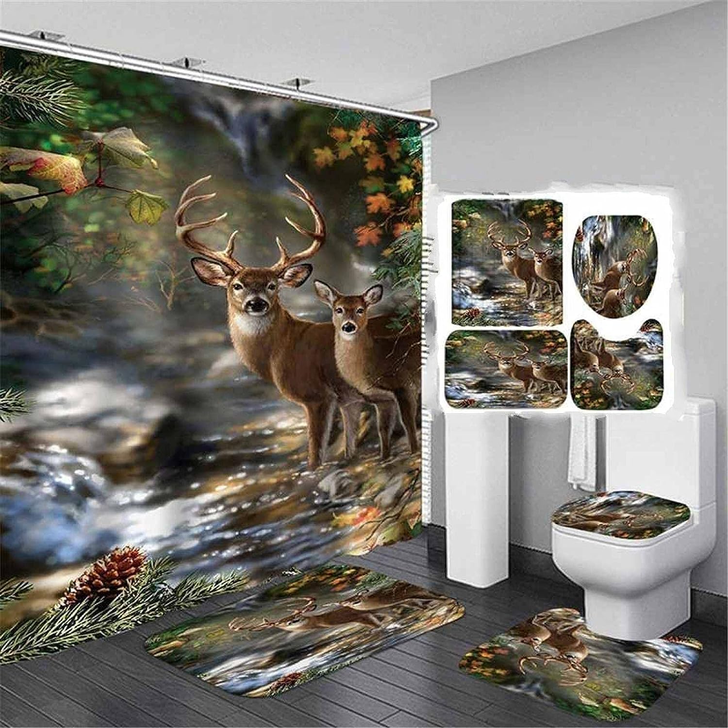 Forest Creek Deer Christmas Elk Shower Curtain for Rustic Bathrooms