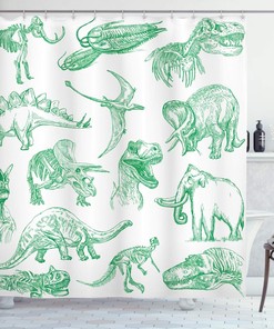 Forest Dinosaur Shower Curtain, Arrangement of Various Illustrations Home Decor Green