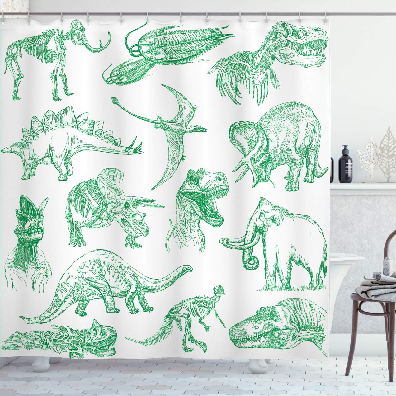 Forest Dinosaur Shower Curtain, Arrangement of Various Illustrations Home Decor Green