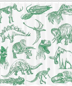 Forest Dinosaur Shower Curtain, Arrangement of Various Illustrations Home Decor Green
