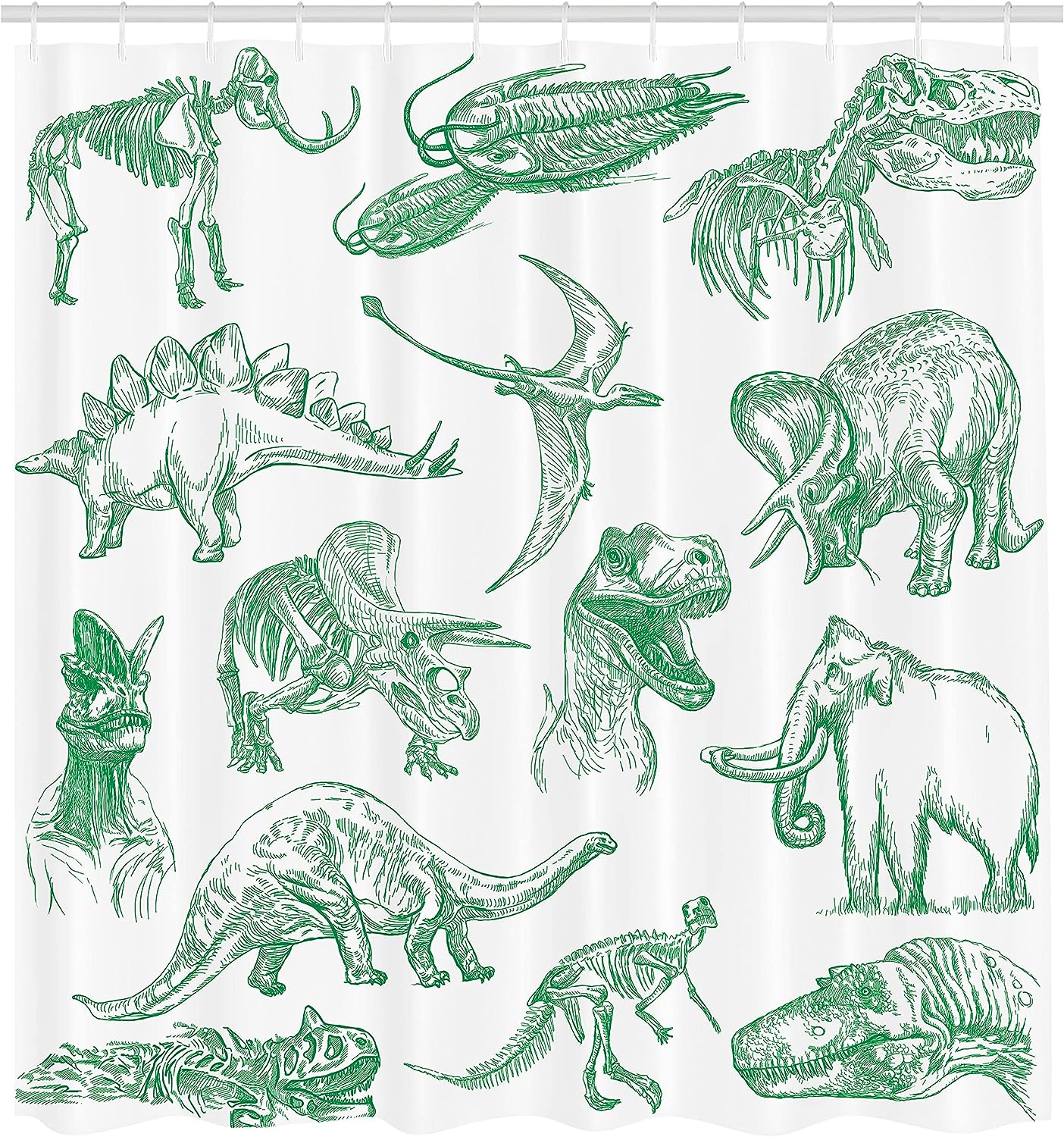 Forest Dinosaur Shower Curtain, Arrangement of Various Illustrations Home Decor Green