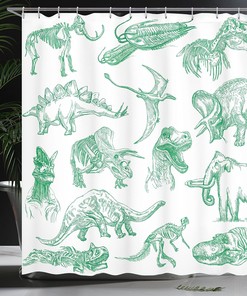 Forest Dinosaur Shower Curtain, Arrangement of Various Illustrations Home Decor Green