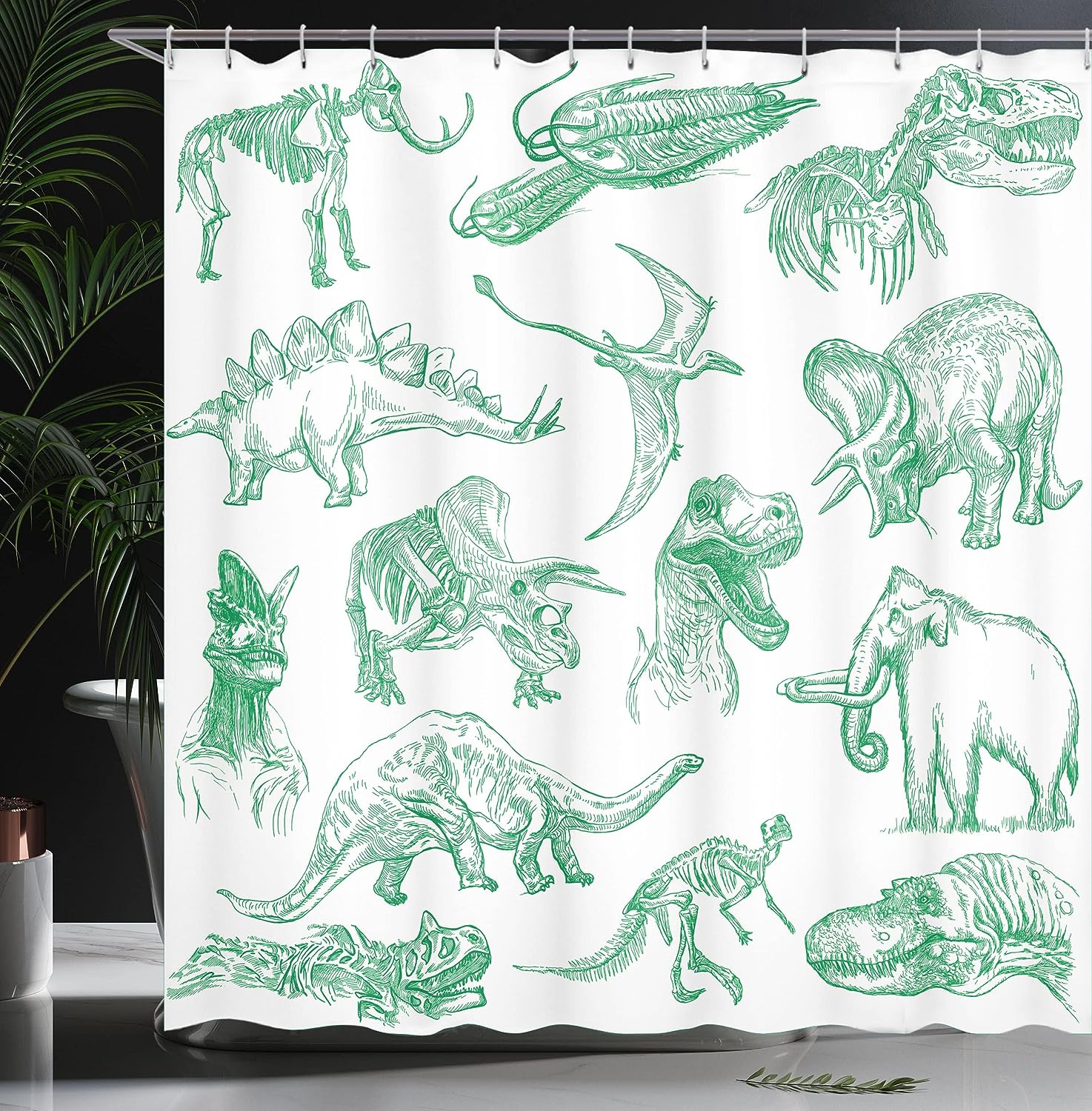 Forest Dinosaur Shower Curtain, Arrangement of Various Illustrations Home Decor Green