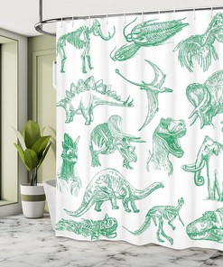 Forest Dinosaur Shower Curtain, Arrangement of Various Illustrations Home Decor Green