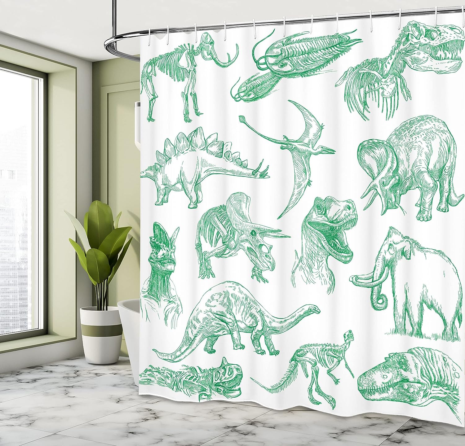 Forest Dinosaur Shower Curtain, Arrangement of Various Illustrations Home Decor Green