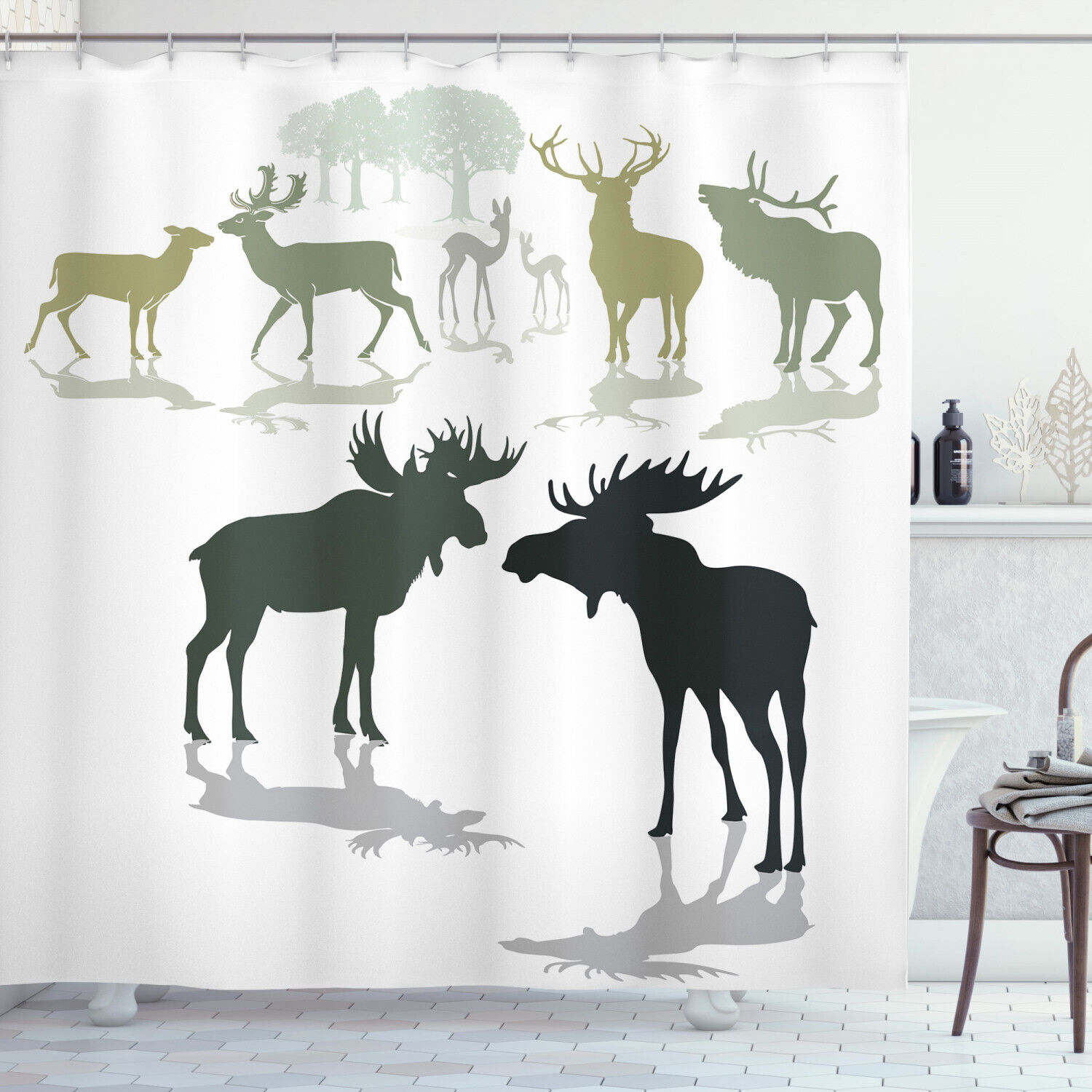 Forest Elk Antlers Shower Curtain - Rustic Nature Bathroom Print