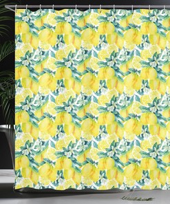 Forest Green and Yellow Modern Shower Curtain with Watercolor Paintbrush Lemons Design for a Serene Bathroom Decor