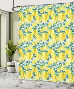 Forest Green and Yellow Modern Shower Curtain with Watercolor Paintbrush Lemons Design for a Serene Bathroom Decor