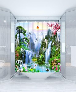 Forest Waterfall Landscape Shower Curtain with Birds, Flower and Tree Design