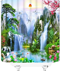 Forest Waterfall Landscape Shower Curtain with Birds, Flower and Tree Design