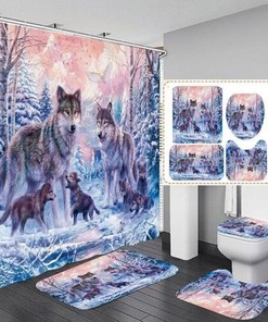Forest Wolf Family Animal Print Shower Curtain and Mat for Bathroom