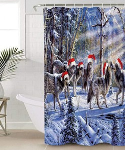 Forest Wolf with Christmas Hat Waterproof Fabric Christmas Shower Curtain for Home Hotel Bath Decor