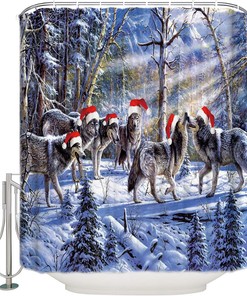 Forest Wolf with Christmas Hat Waterproof Fabric Christmas Shower Curtain for Home Hotel Bath Decor