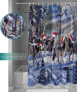Forest Wolf with Christmas Hat Waterproof Fabric Christmas Shower Curtain for Home Hotel Bath Decor
