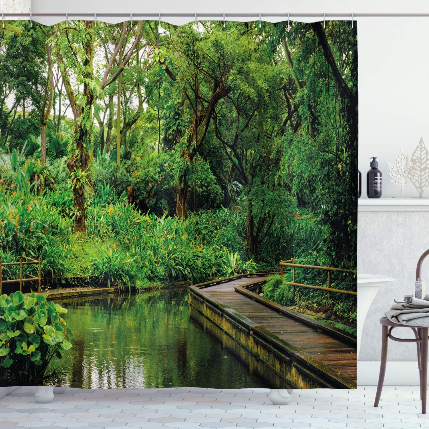 Forest Wooden Pier Shower Curtain, Jungle River Exotic Landscape Print