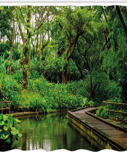 Forest Wooden Pier Shower Curtain, Jungle River Exotic Landscape Print for Bathroom Decor, Hunter Green and Brown Cloth Fabric