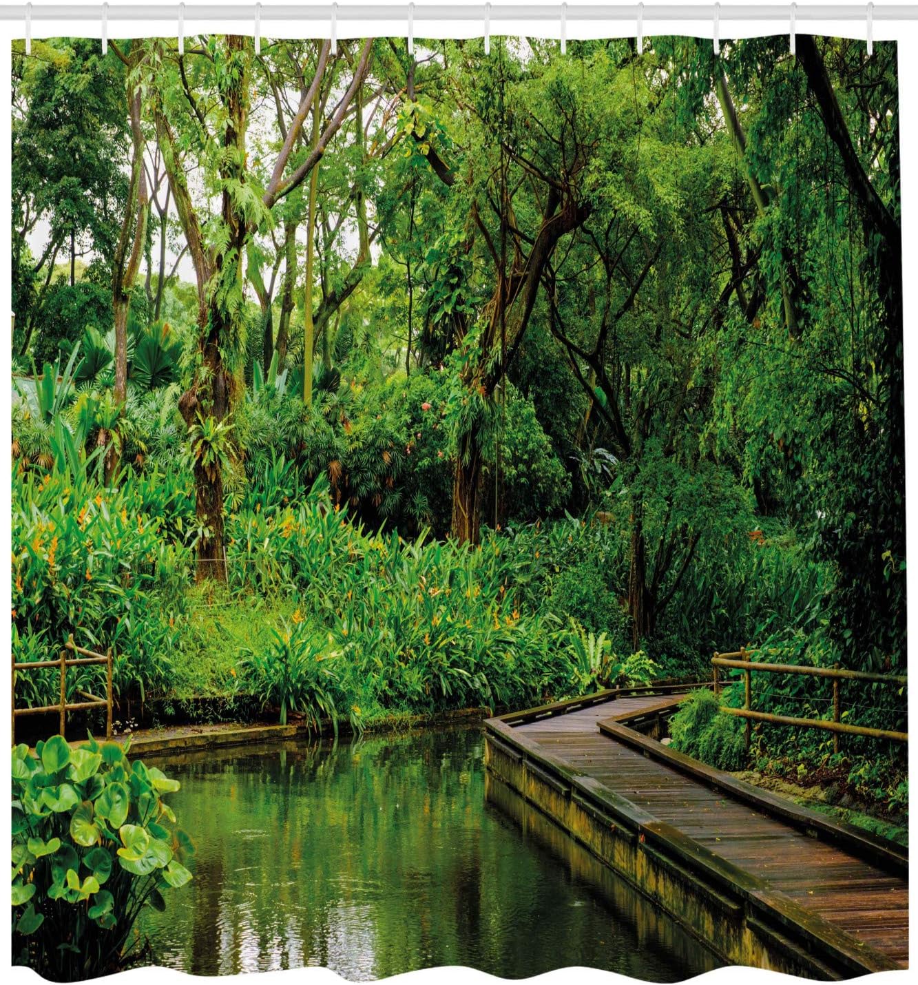 Forest Wooden Pier Shower Curtain, Jungle River Exotic Landscape Print for Bathroom Decor, Hunter Green and Brown Cloth Fabric