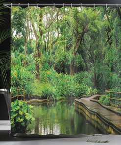 Forest Wooden Pier Shower Curtain, Jungle River Exotic Landscape Print for Bathroom Decor, Hunter Green and Brown Cloth Fabric