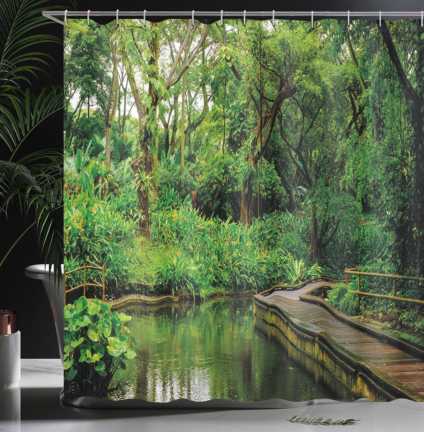 Forest Wooden Pier Shower Curtain, Jungle River Exotic Landscape Print for Bathroom Decor, Hunter Green and Brown Cloth Fabric