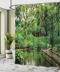 Forest Wooden Pier Shower Curtain, Jungle River Exotic Landscape Print for Bathroom Decor, Hunter Green and Brown Cloth Fabric