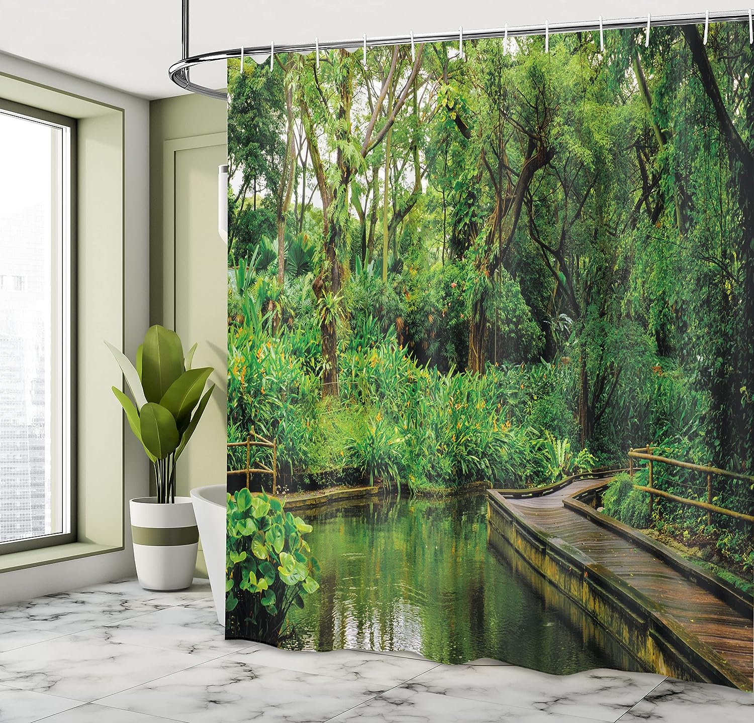Forest Wooden Pier Shower Curtain, Jungle River Exotic Landscape Print for Bathroom Decor, Hunter Green and Brown Cloth Fabric