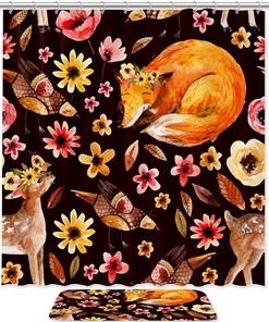 Foxes Bird Deer Waterproof Shower Curtain for Rustic Bathroom Decor