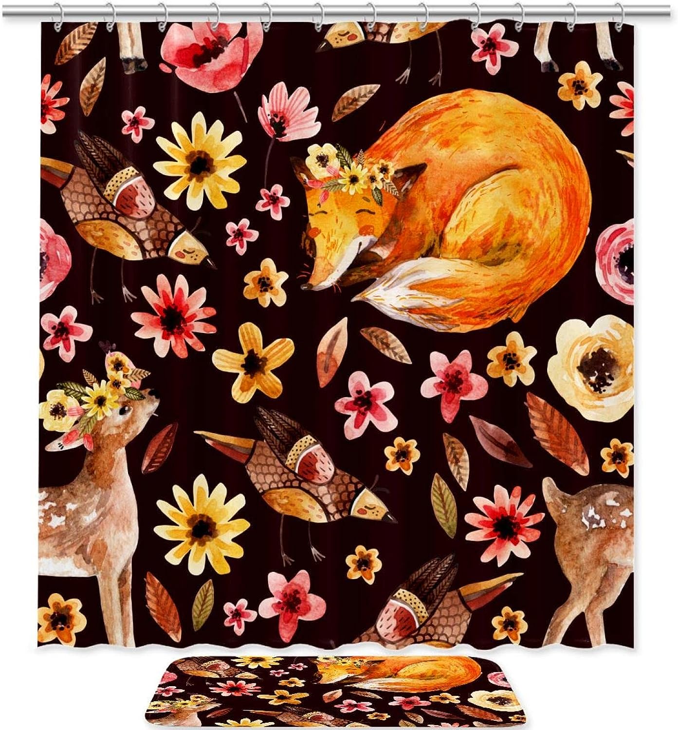 Foxes Bird Deer Waterproof Shower Curtain for Rustic Bathroom Decor