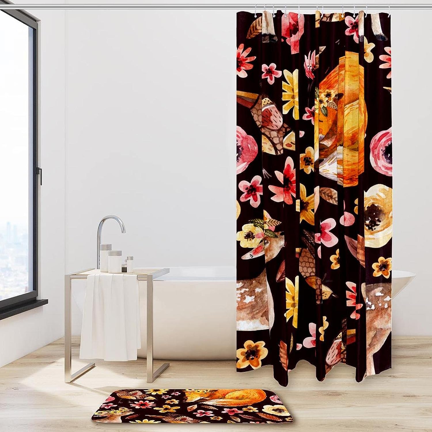 Foxes Bird Deer Waterproof Shower Curtain for Rustic Bathroom Decor