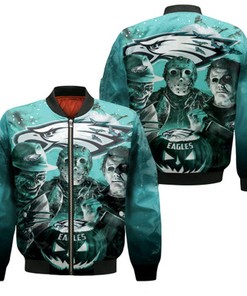 Freddy Jason Michael Myers Loves Philadelphia Eagles Pumpkin Head Halloween 3D Jersey Bomber Jacket