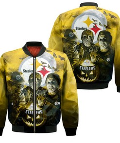 Freddy Jason Michael Myers Loves Pittsburgh Steelers Pumpkin Head Halloween 3D Bomber Jacket Model 2144