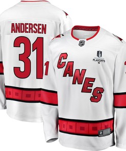 Frederik Andersen 31 Carolina Hurricanes Stanley Cup 2023 Playoffs Patch Away Breakaway Men Jersey - White