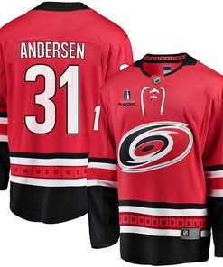 Frederik Andersen 31 Carolina Hurricanes Stanley Cup 2023 Playoffs Patch Home Breakaway Men Jersey - Red