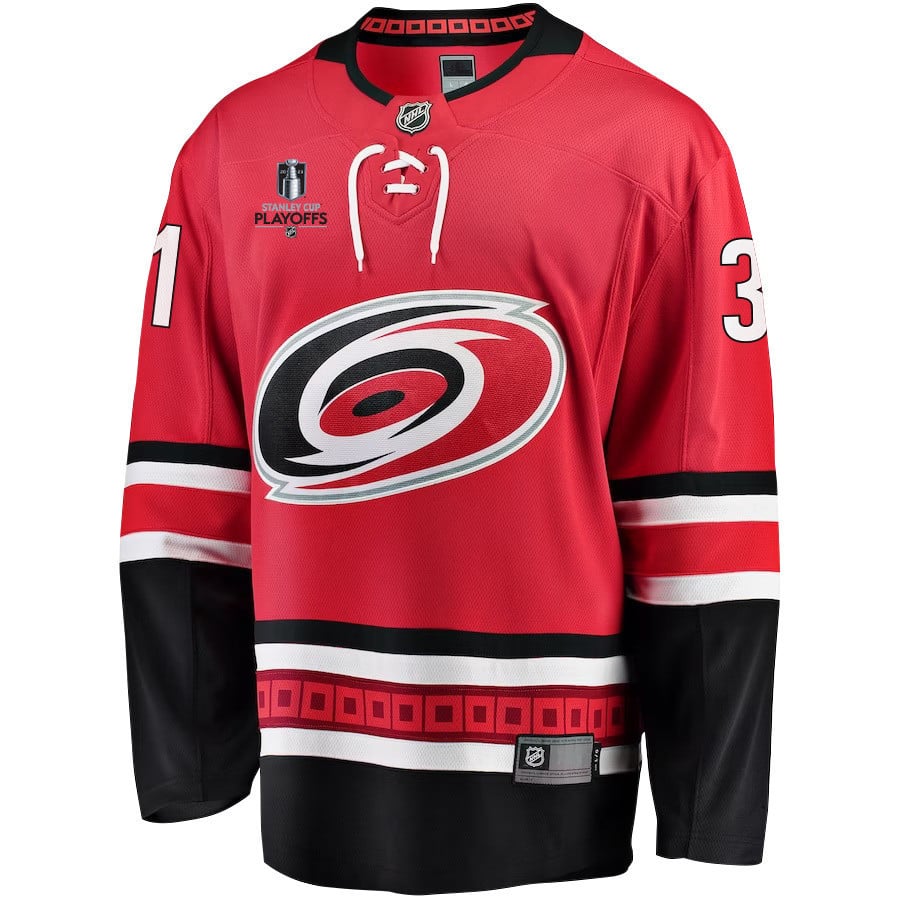 Frederik Andersen 31 Carolina Hurricanes Stanley Cup 2023 Playoffs Patch Home Breakaway Men Jersey - Red