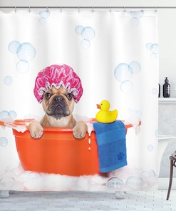 French Bulldog Rubber Duck Bath Theme Shower Curtain, Cloth Bathroom Decor